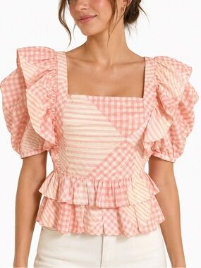 GILNER FARRAR Women’s Pink Gingham Ruffle Puff-Sleeve Top